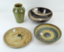 Four pieces of studio pottery to include a green glazed Brixham vase, height 19.