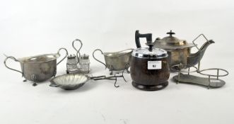 A selection of silver plated wares, including a teapot, twin-handled sugar bowl and milk jug,