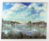 A 21st century oil on canvas depicting the River Thames below Marlow bridge,