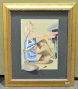 An acrylic on canvas of a lady in 1950's style clothing working on a car, framed in green,
