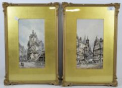 Two early 20th century watercolours depicting street scenes in Rouen, France, both signed ...