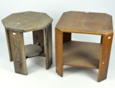 Two mid-century octagonal side tables with lower shelf,