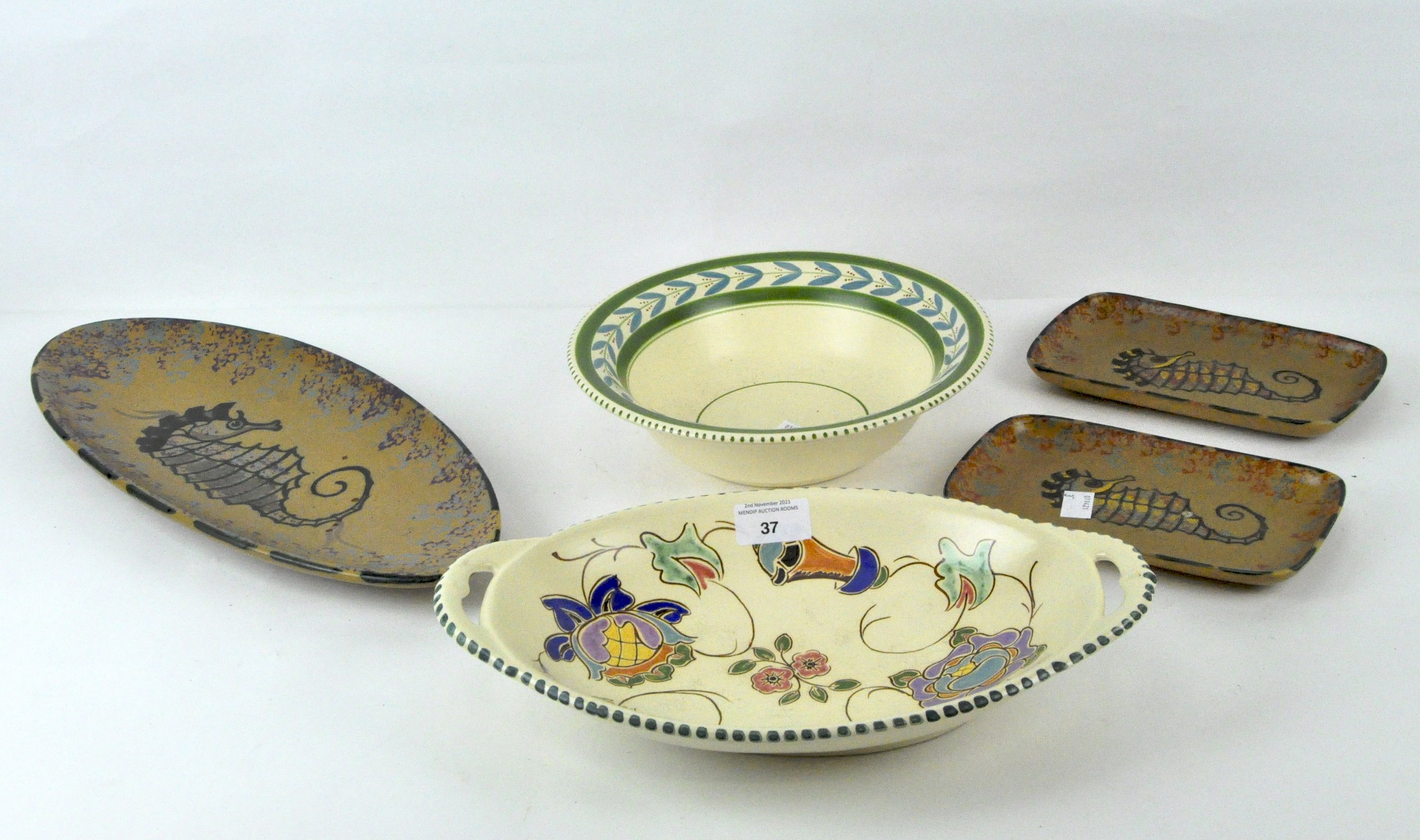 A Collard Honiton ceramic twin handled dish with floral details, together with a Honiton bowl