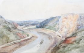 W E Jones, A view of a river gorge, possibly Clifton, Bristol, watercolour, signed lower left,