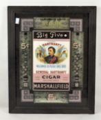 A Big Five Marshall Field Cigar advertising mirror in brown, gold and pink, framed size 51cm x 41.