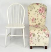 An upholstered chair with lift up seat revealing storage, 85cm high,