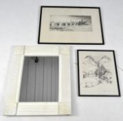 A white painted wall mirror of rectangular form with two framed and glazed etched prints