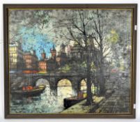 An expressionist style oil on canvas depicting buildings and a bridge above canal boats,