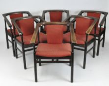 Six Danish inspired retro stained oak tub chairs of squared surround, upholstered backrest and seat,