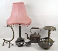 A selection of brassware and silver plate, including a Townsend & Co teapot on stand,