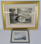 Two modern watercolour scenes, one depicting buildings overlooking a canal bridge, signed Sykes,