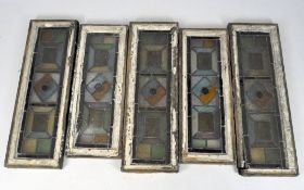 Five pieces of 20th century stained glass, geometric coloured and leaded glass design,