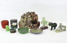 A group of 20th century Chinese cloisonne and hardstone items including a soapstone carving,