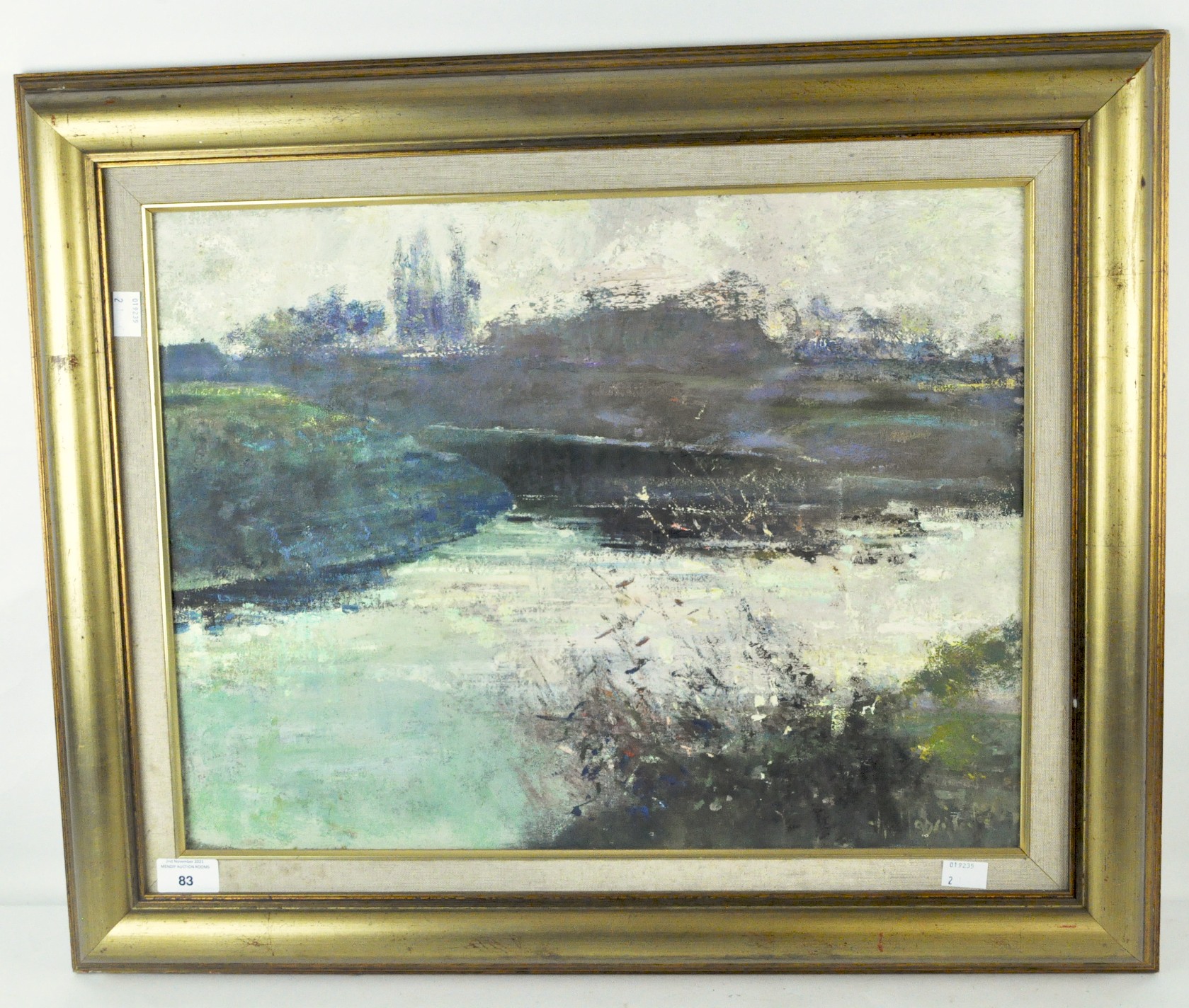 A contemporary oil on board depicting a stylised landscape, indistinct sgnature to bottom right,