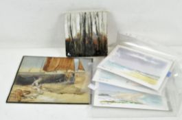Three watercolours of Frinton on Sea, Paignton Pier and Shingle Street by Douglas Myers, and others