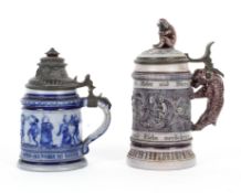 Two German Westerwald style pewter-mounted saltglaze stoneware tankards, mid to late 19th century,