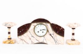A French Art Deco marble striking mantel clock garniture, all in veined pale pink and red marble,