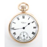 A 9ct gold cased Waltham open faced pocket watch, the caseback stamped 375 by Dennison,
