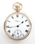 A 9ct gold cased Waltham open faced pocket watch, the caseback stamped 375 by Dennison,