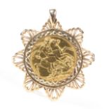 A George V sovereign dated 1920, in pierced 9ct gold mount,