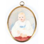 A Dinman, a miniature portrait of a baby, signed and dated June 1908, water/body colour on ivory,