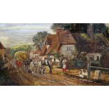 British School, early 20th century, rural street scene, oil on board, monogrammed H.