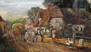 British School, early 20th century, rural street scene, oil on board, monogrammed H.