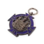 A white metal and enamel watch fob. 2ith blue enamel decoration with initials ERBO. 15g.