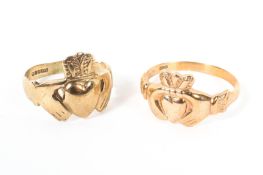 Two 9ct gold Claddagh rings .Size X/Q. 8g.
