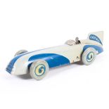 A Chad Valley tin-plate clockwork Harborne No 10003 land speed record car, in blue and grey enamels,