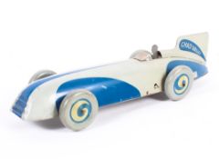 A Chad Valley tin-plate clockwork Harborne No 10003 land speed record car, in blue and grey enamels,