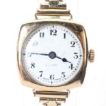 A ladies 9ct gold 20mm square cased Zenith wrist watch on a rolled gold strap.