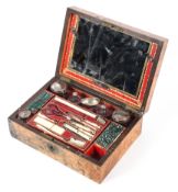 A Victorian lady's dressing box, the burr wood box inlaid with shield shaped escutcheon,