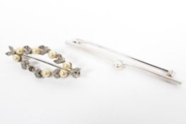 A 9ct white gold bar brooch set with single pearl together with an unmarked white metal pearl
