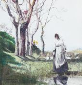 William Page Atkinson Wells RBA (Scottish, 1871-1942), Woman beside pond, watercolour,