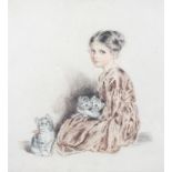 A hand coloured engraving, depicting a little girl with kittens,