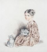 A hand coloured engraving, depicting a little girl with kittens,