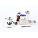 A silver and blue guilloche enamel topped inkwell and stopper, together with other items,