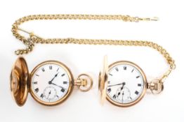 Two gold plated pocket watches, one being a full hunter, the other a half,