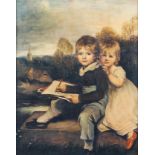 A print of a boy and girl in late 18th century style, 20th century, in giltwood and gesso frame,