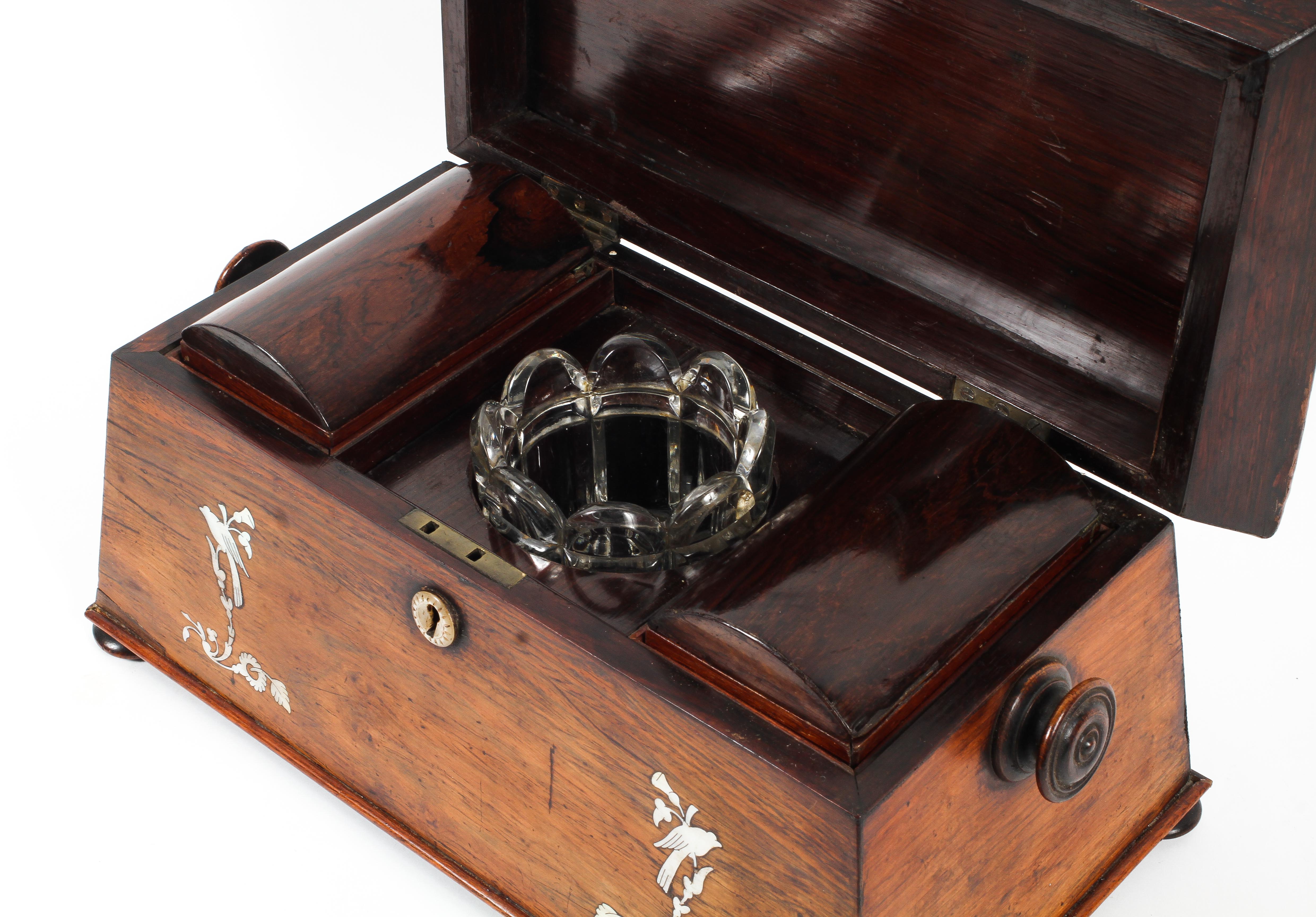 A Victorian rosewood mother-of-pearl inlaid tea caddy, of rectangular form, - Image 2 of 2