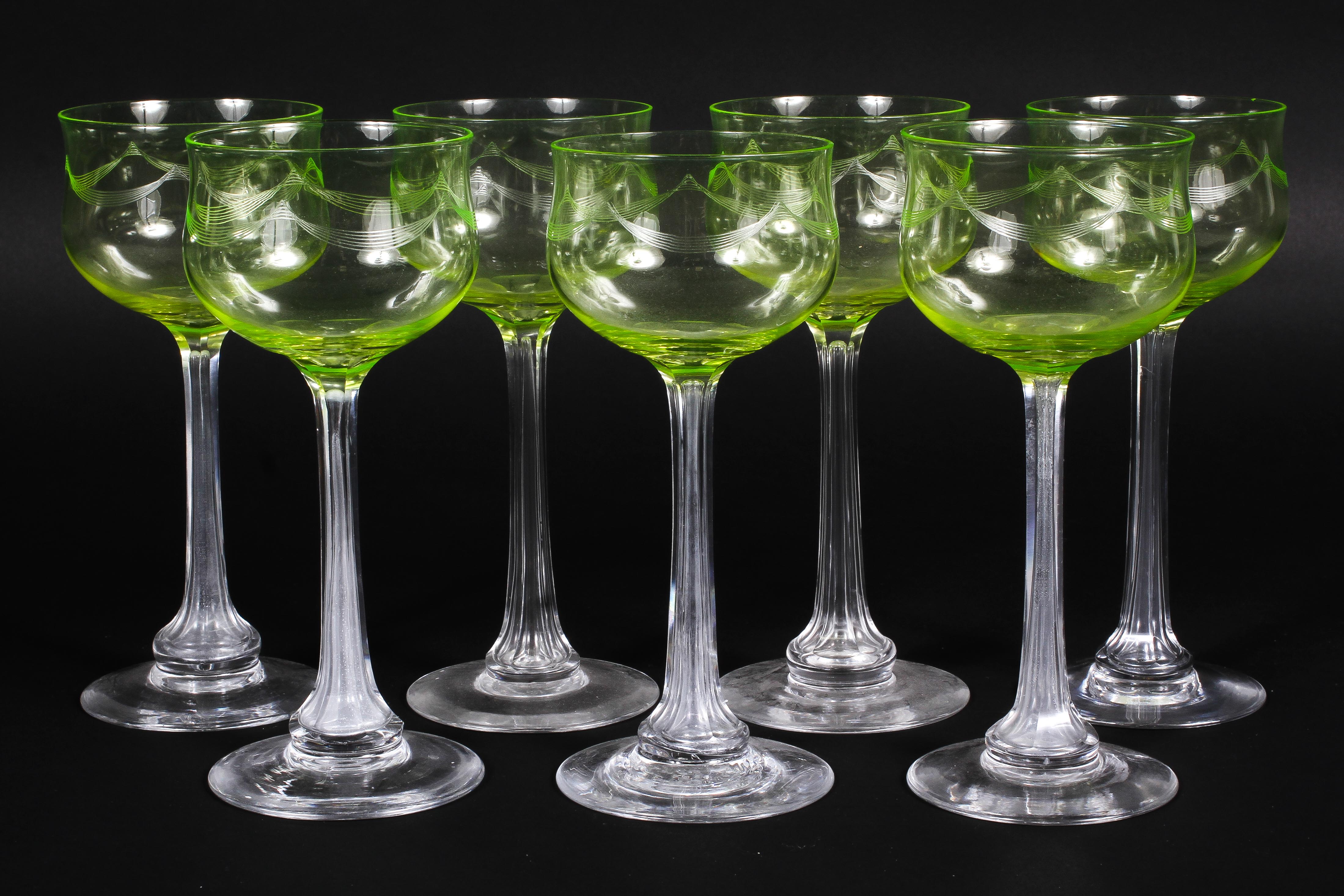 A set of seven uranium glass hock glasses, early 20th century,