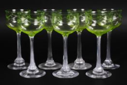 A set of seven uranium glass hock glasses, early 20th century,