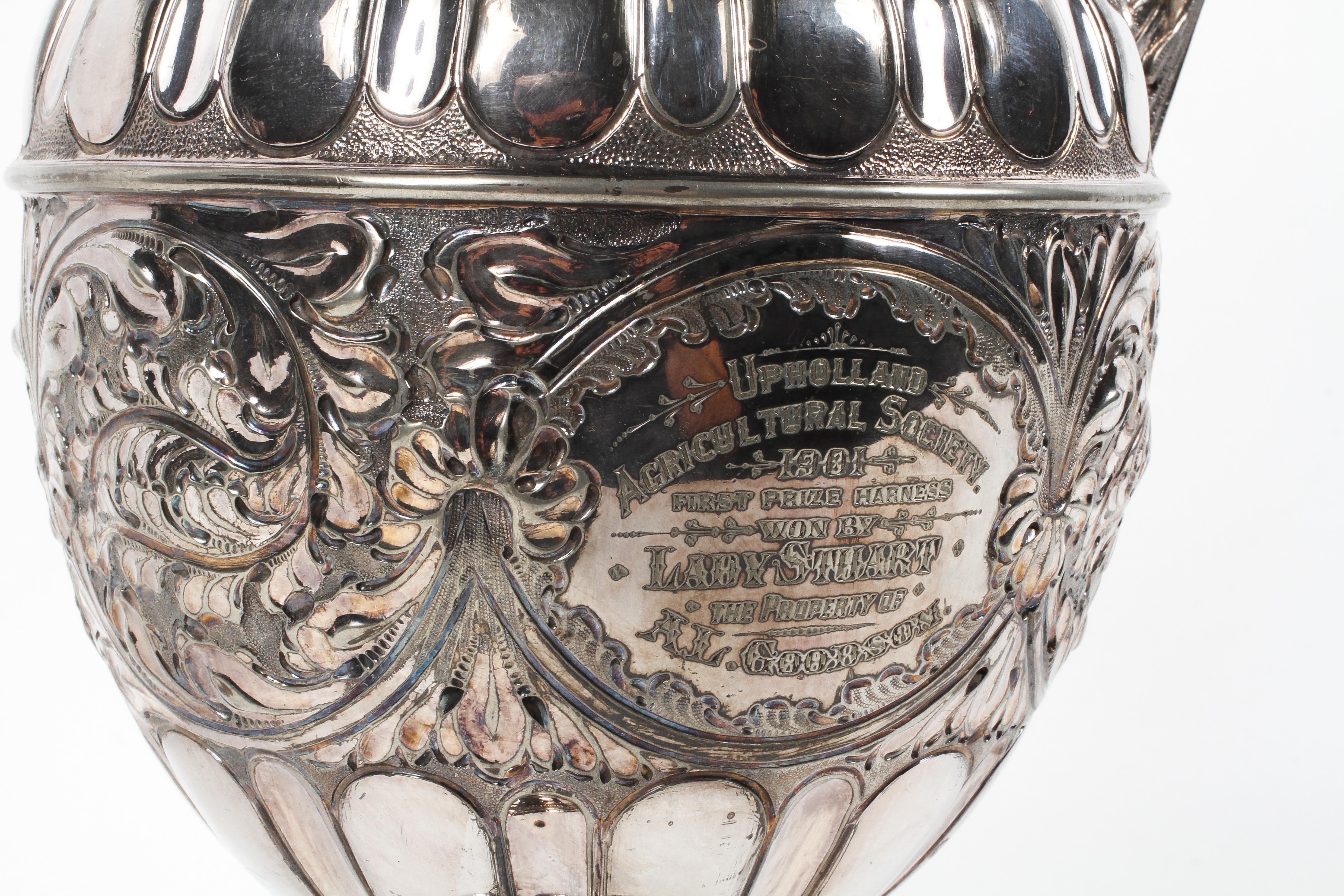 A Victorian silver plated prize ewer and hinged cover, oviform with herm handle, - Image 2 of 2