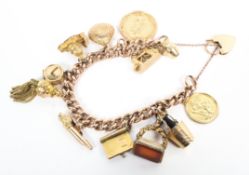 A 9ct curb link charm bracelet set with numerous 9ct and yellow metal charms.
