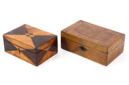 Two Victorian wooden inlaid boxes, the first, Tunbridge Ware, inlaid with chequered border,