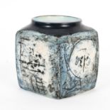 A Troika pottery vase, of cube section, black Troika/Cornwall/England/ AL monogram for Anne Lewis,