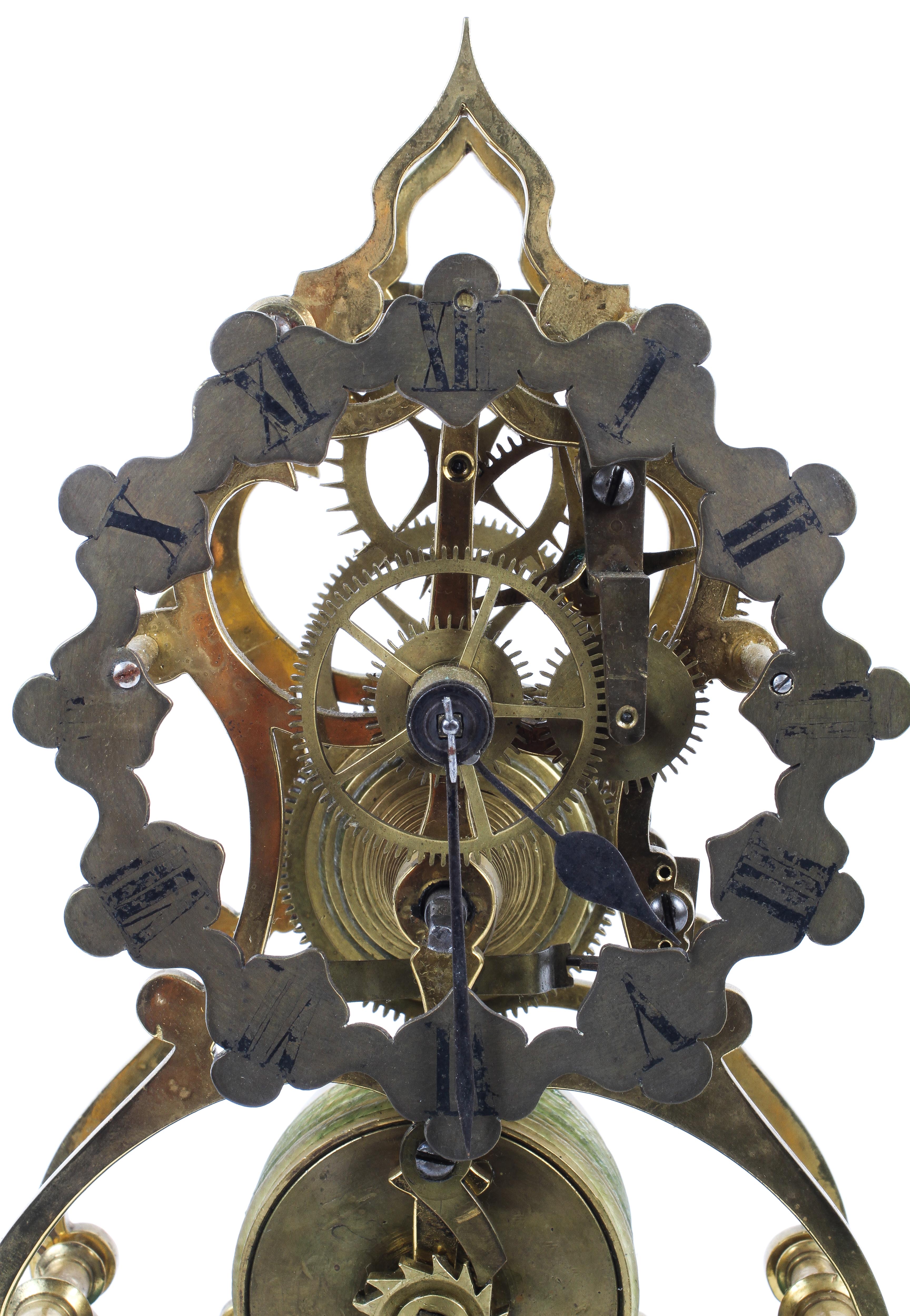 A 19th century brass skeleton clock, the 4 1/2" chapter ring with black Roman numerals, - Image 2 of 4