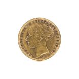 A Victorian young head gold sovereign. Melbourne mint, 1885. 7.9g.