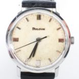 A vintage gents Bulova wristwatch, the dial with batons denoting hours, on a later leather strap,